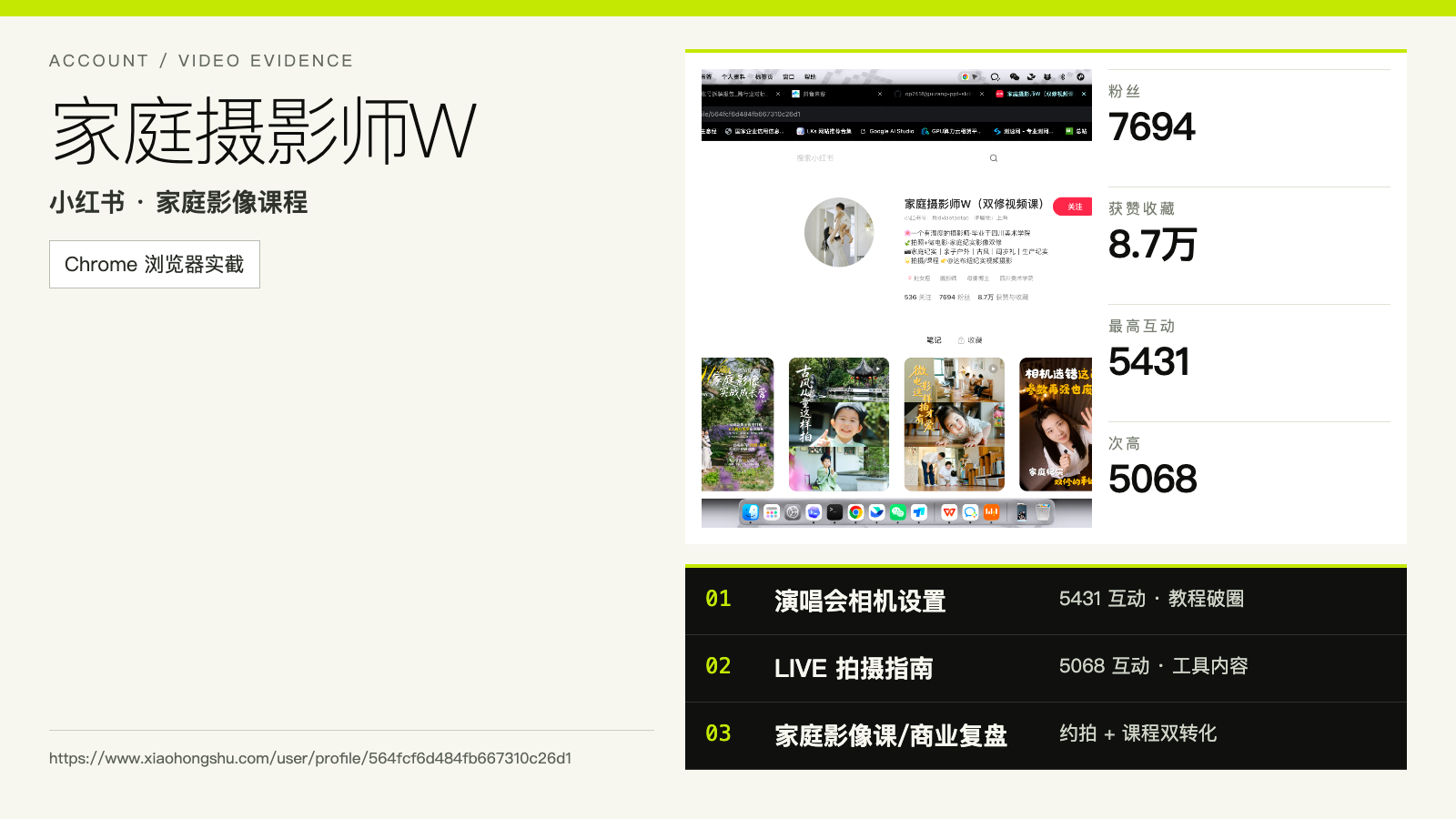 家庭摄影师W账号与代表内容证据卡