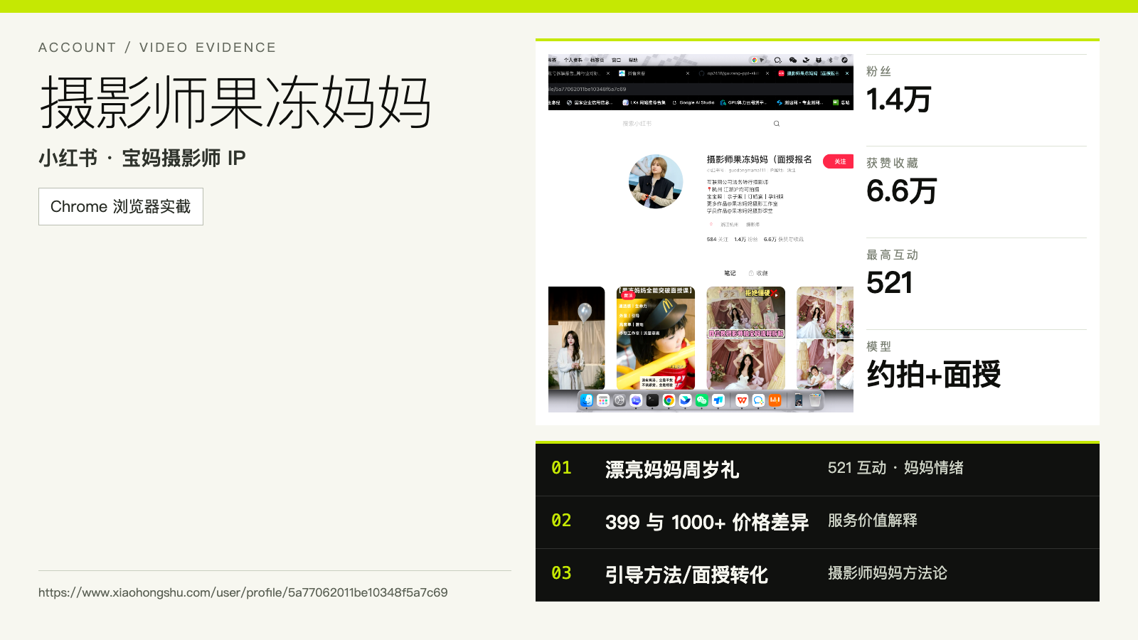 摄影师果冻妈妈账号与代表内容证据卡