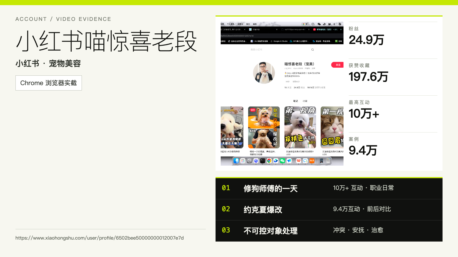 小红书喵惊喜老段账号与代表内容证据卡